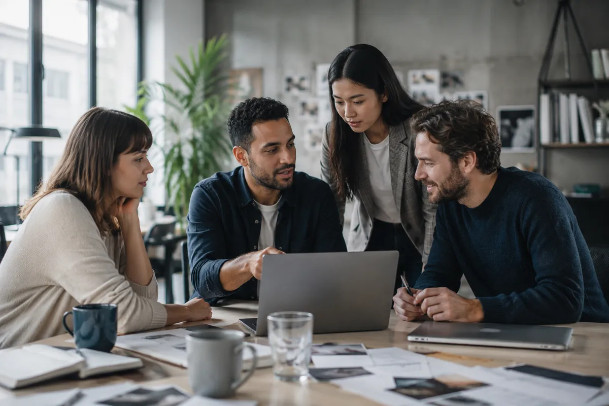 A marketing agency team reviewing client work together around a laptop