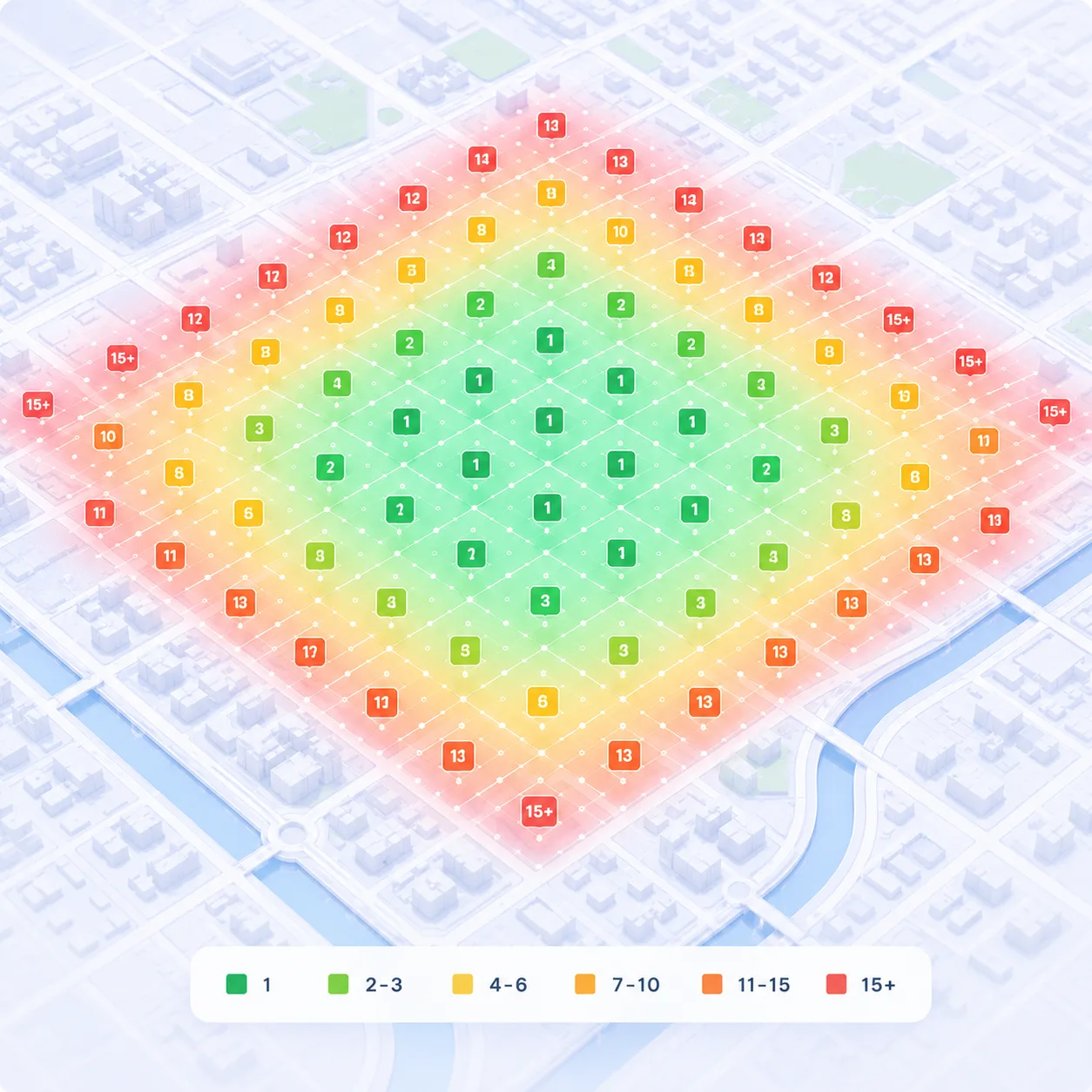 Geo-grid rank tracking heatmap showing ranking positions across a city grid